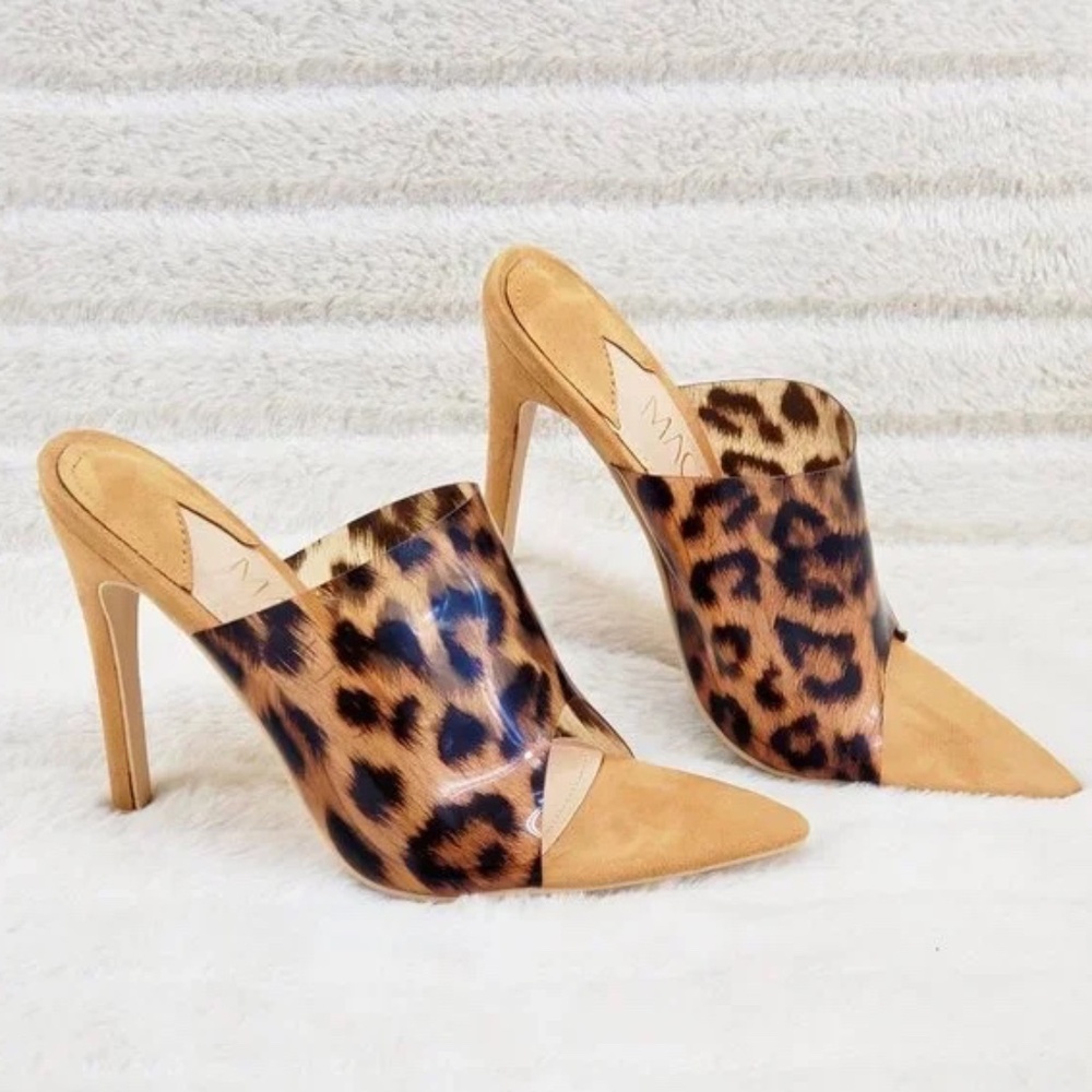 Mackin J Leopard Print Open Pointy Toe  4 1/2" High Heel Slip On Mule Slide Clog